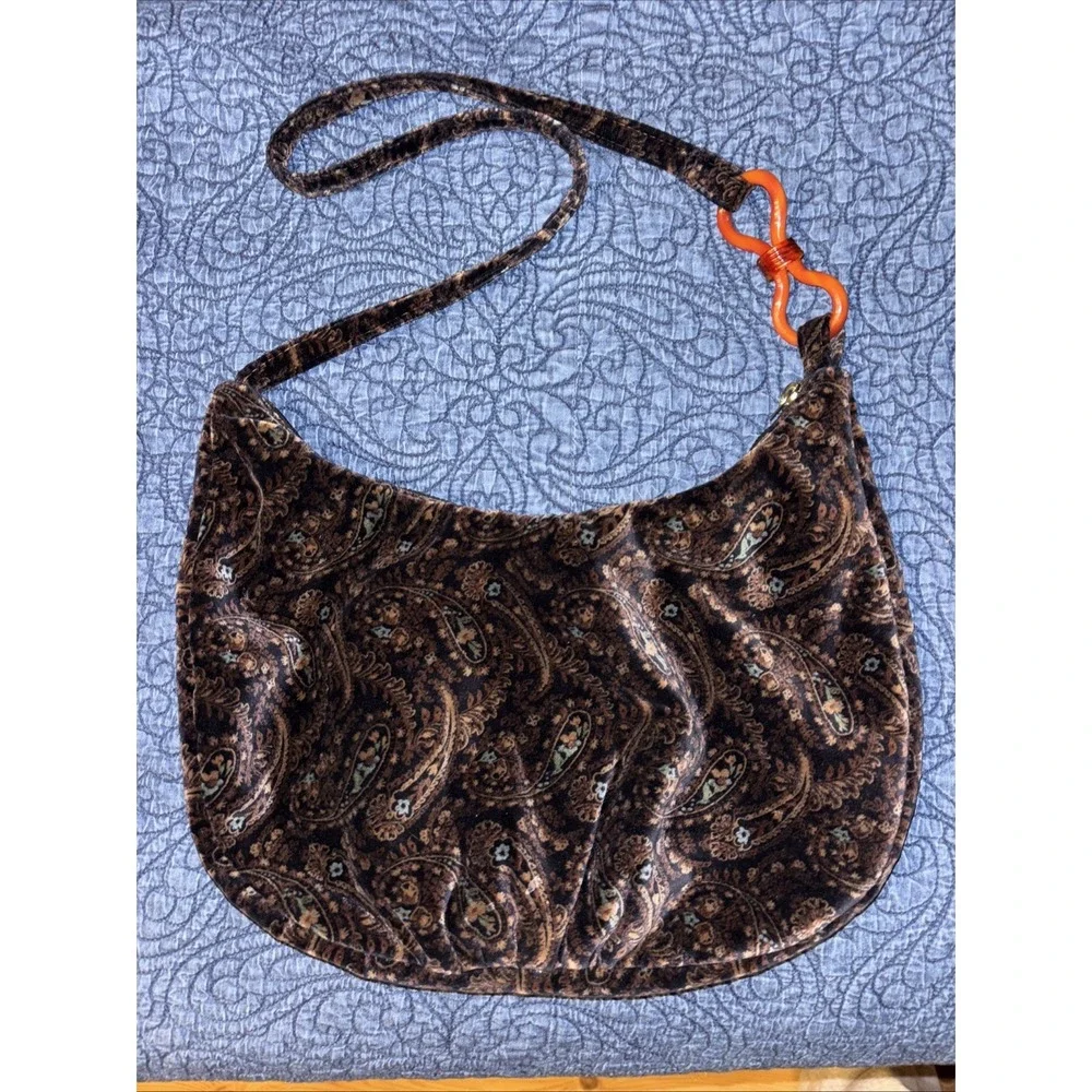 Vtg CARPETBAGS of AMERICA Velvet Purse Bag Brown Paisley Hobo Strap Ornament